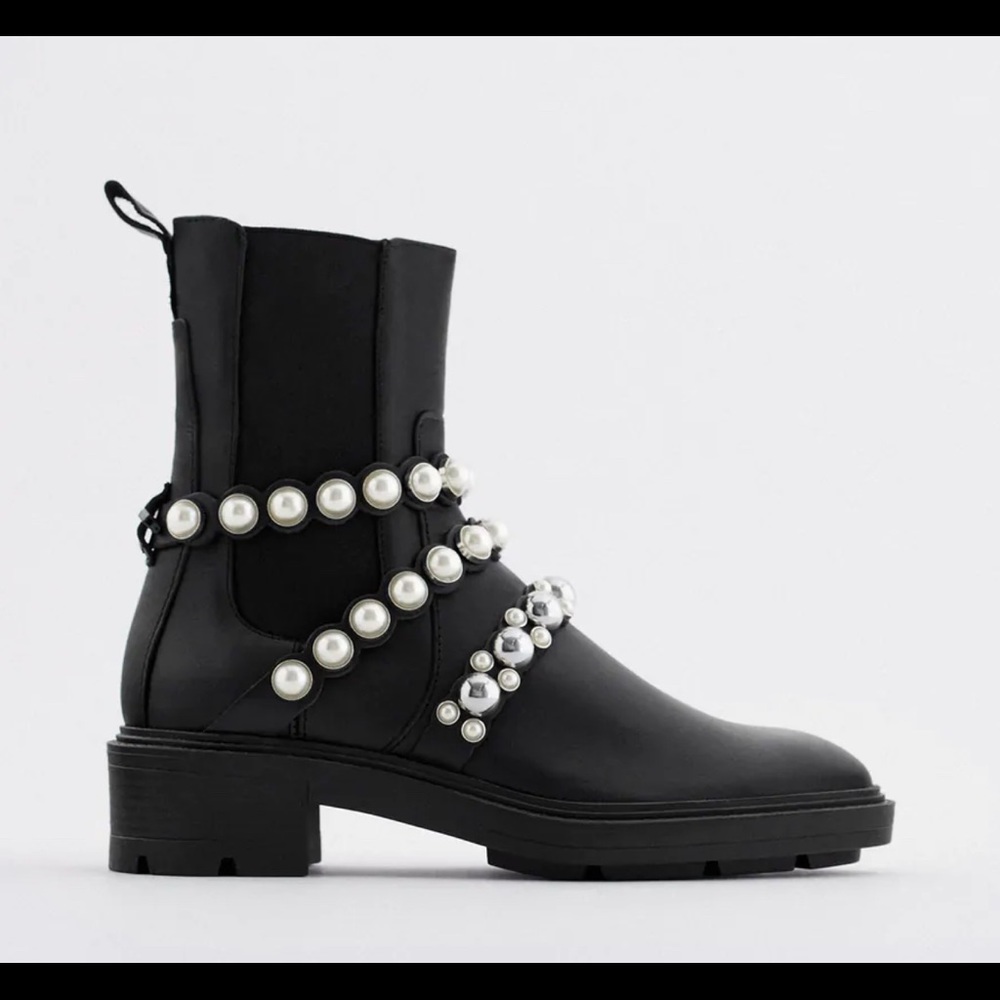 ZARA black pearl strap leather boots